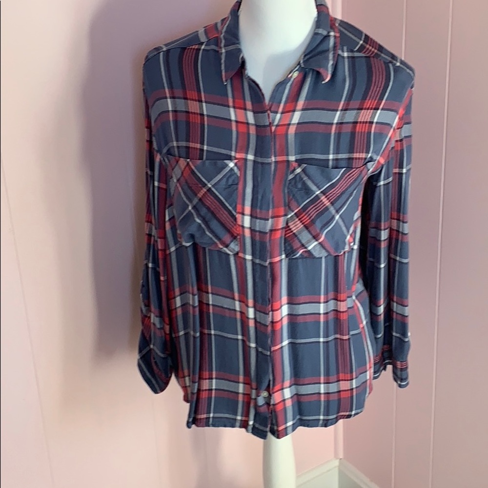 Express plaid flannel shirt blue and pink EUC